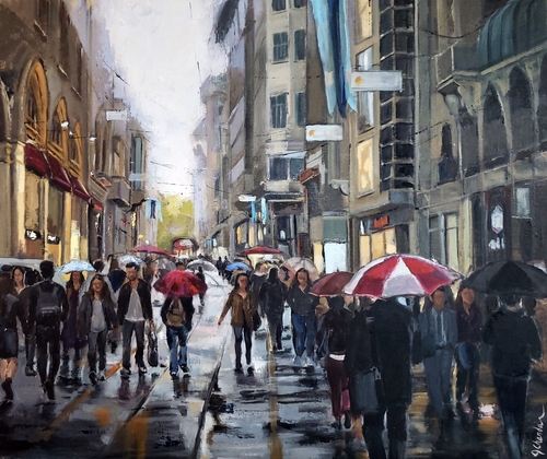 painting of people shopping in the rain by Jacqueline Chanda