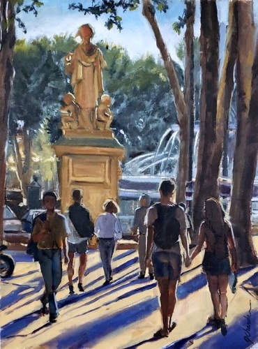 painting of people in Cours Mirabeau in Provence by Jacqueline Chanda