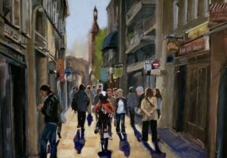 figurative painting of pedestrians by Jacqueline Chanda