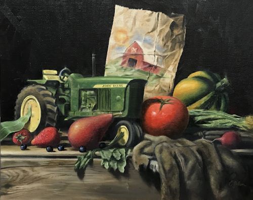 still life painting with vegetables and a toy tractor by Craig Shillam