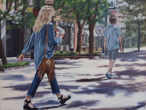 painting of a woman walking with her morning coffee by Jacqueline Chanda