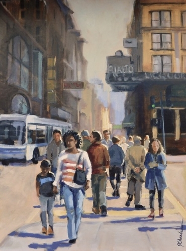 painting of people crossing a city street by Jacqueline Chanda