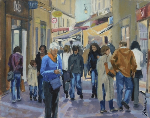 painting of people walking in the street by Jacqueline Chanda