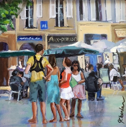 painting of people at a cafe called Aix-presso in Aix en Provence by Jacqueline Chanda