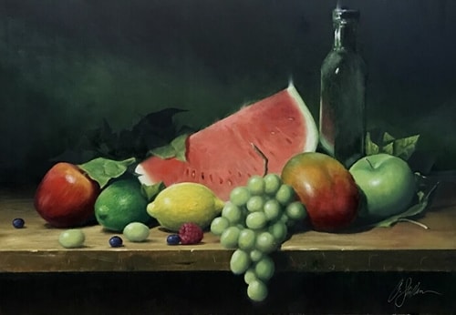 still life painting of a watermelon and fruit by Craig Shillam