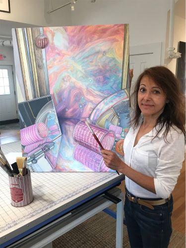 artist Karen Bognar Khan with her abstract still life painting "Arriving at Orion"