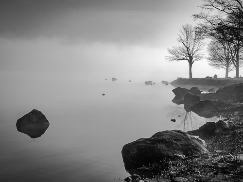 B & W photography of a lake by Mark Roger Bailey