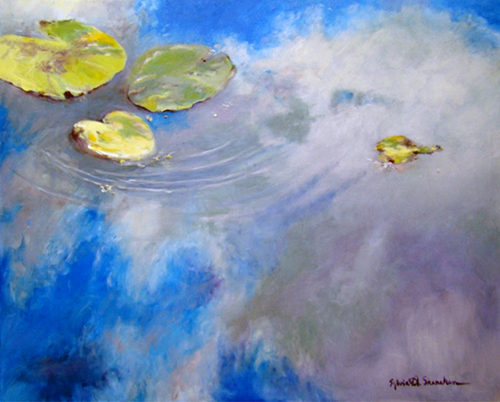 landscape painting of a lily covered pond by Sylvia Shanahan