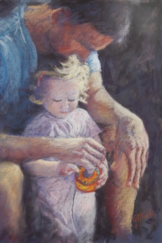 pastel of a father and child by Gaye Cook