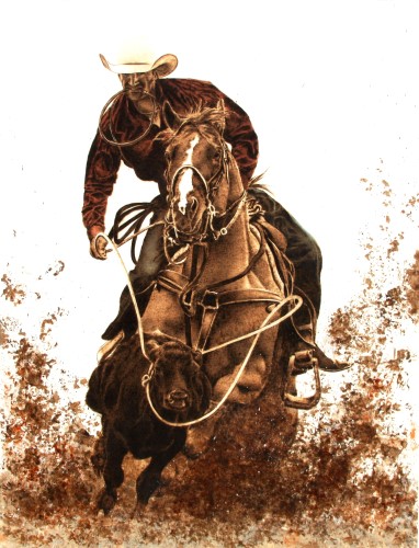 pyrography mixed media painting of a cowboy on horse by Julie Bender