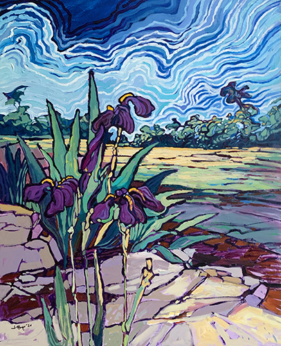 impressionistic painting of irises by Judy Hodge