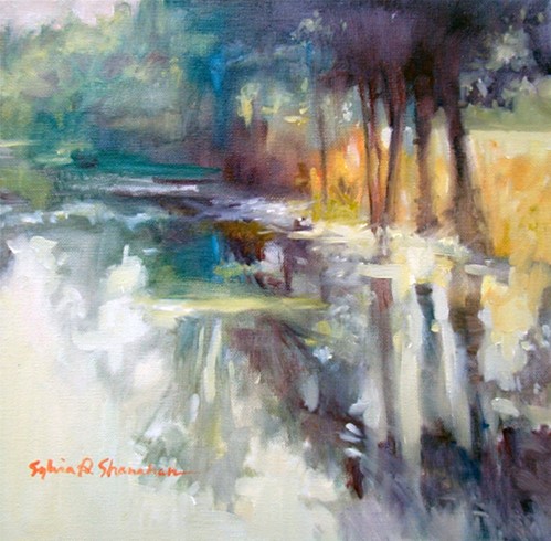 landscape painting of misty water and trees by Sylvia Shanahan