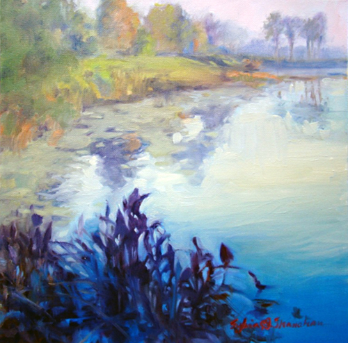 mist filled landscape painting of a lake by Sylvia Shanahan