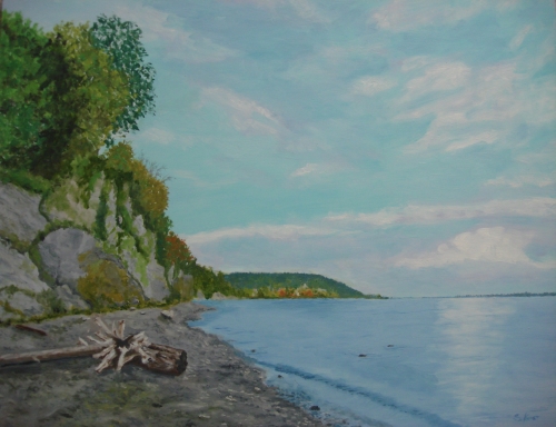landscape painting of a rocky shore by Sharon Kvist