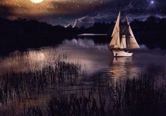 digital photography of a sailboat on moonlit water by Shelley Benjamin