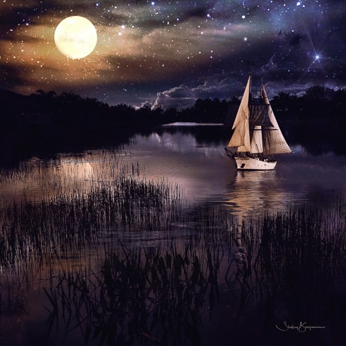 digital photography of a sailboat on moonlit water by Shelley Benjamin