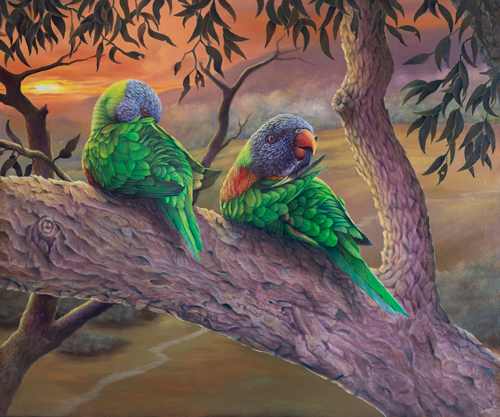 painting of green parrots by Swapnil Nevgi