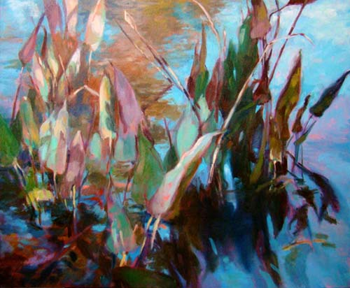 oil landscape close up of pond vegetation by Sylvia Shanahan