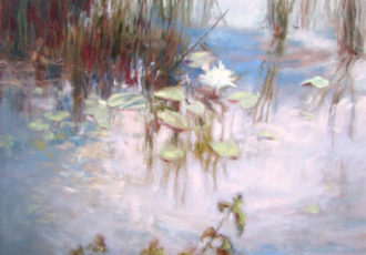 landscape painting of a shimmering pond by Sylvia Shanahan