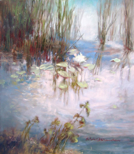 landscape painting of a shimmering pond by Sylvia Shanahan