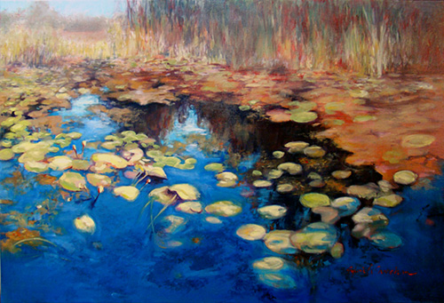 landscape painting of a lily covered pond by Sylvia Shanahan