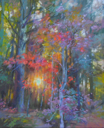 pastel landscape of the sun setting in through the woods by Christine Debrosky