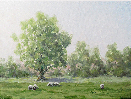 oil landscape painting of sheep in the spring by Mike Dettman