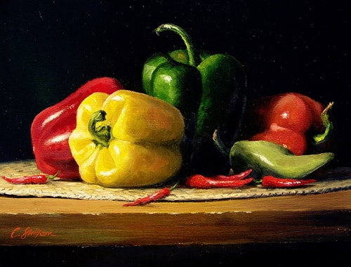 still life painting of peppers by Craig Shillam