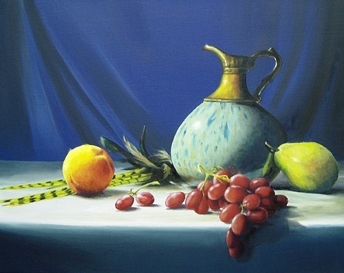 still life painting of a teal pitcher and fruit by Craig Shillam