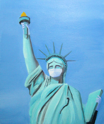 painting of a masked Statue of Liberty by Ann Wamack