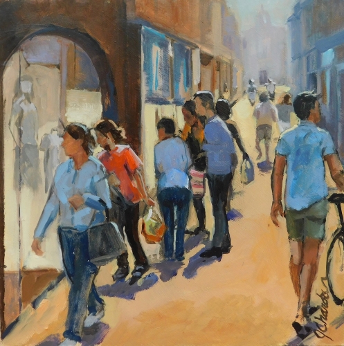 painting of people window shopping by Jacqueline Chanda