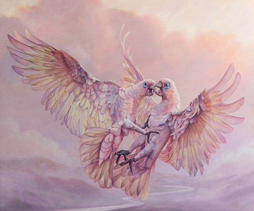 painting of two white parrots fighting in flight by Swapnil Nevgi