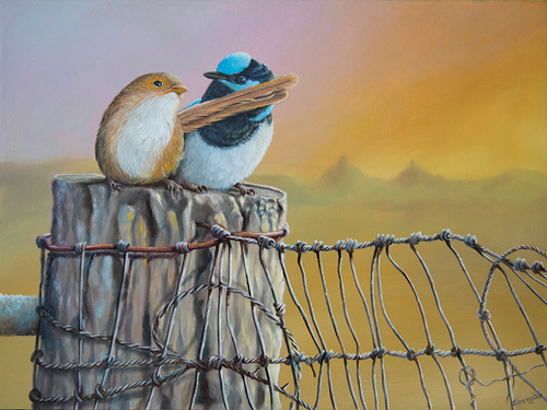 painting of two birds on a fence post by Swapnil Nevgi