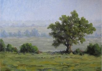 oil landscape of a meadow with a tree by Mike Dettman