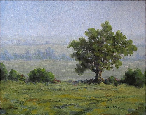 oil landscape of a meadow with a tree by Mike Dettman