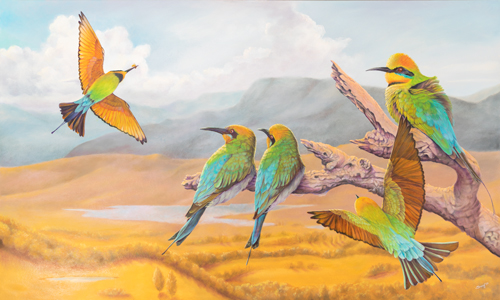painting of Rainbow Bee Eaters by Swapnil Nevgi