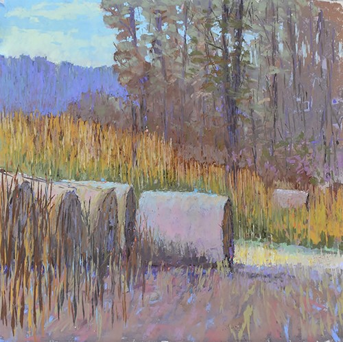 pastel landscape of haybales by Carol Strock Wasson