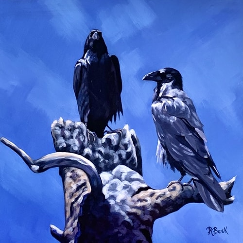 oil painting of two crows by Rachel S. Beck