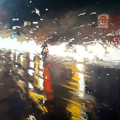 painting of a city street at night in the rain by Karen Bloomfield