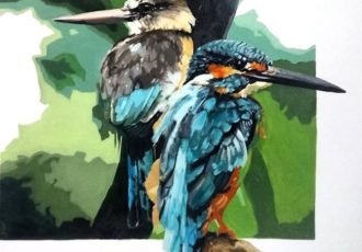 painting of Australian blue birds by Karen Bloomfield