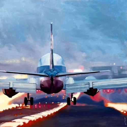 painting of a plane taking off by Karen Bloomfield
