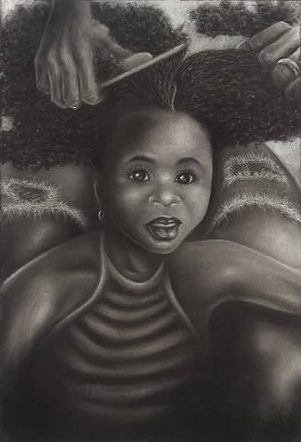graphite and charcoal portrait of a little girl getting her hair combed by Derick Jackson