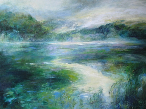 abstract landscape painting of morning over the water by Catherine Wagner Minnery