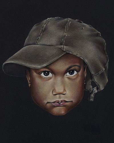color pencil portrait of a young boy wearing his father's cap by Derick Jackson