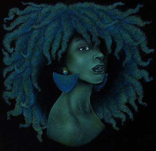 color pencil portrait of a green lady with green hair by Derick Jackson