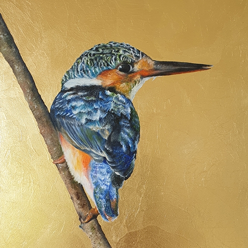 oil and gold leaf painting of a blue bird by Nikki Carr