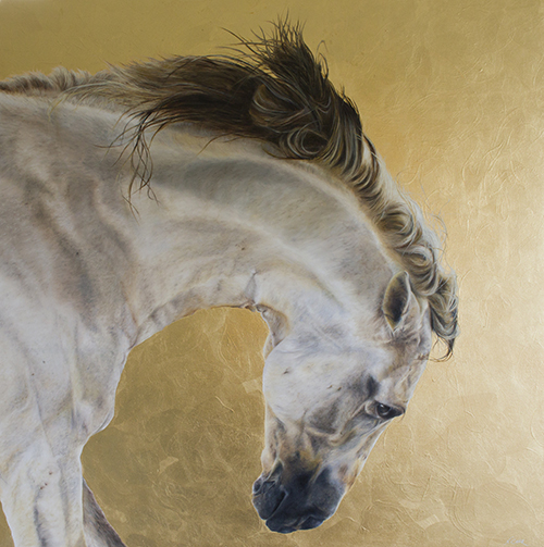 oil and gold leaf painting of a white horse by Nikki Carr