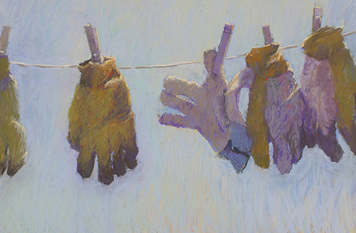 pastel still life of gloves hanging on a line by Carol Strock Wasson
