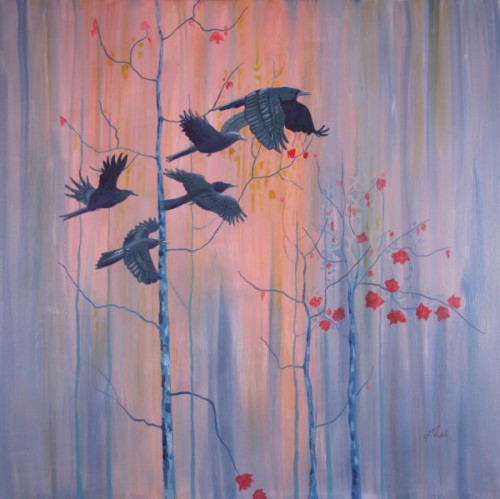 painting of birds in flight by Louise Hall