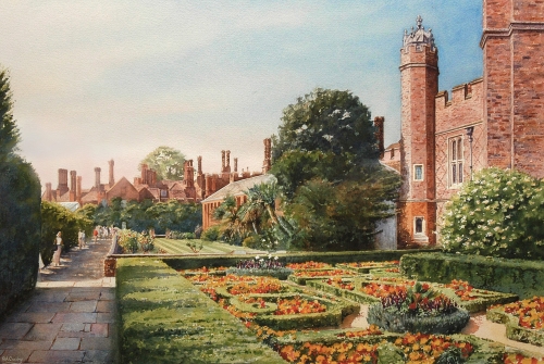 watercolor painting of the Hampton Court Elizabethan Knot Garden by Brian Crosby